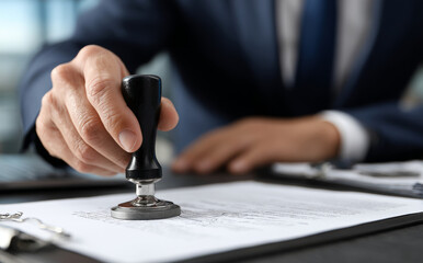 Fototapeta premium Businessman is stamping document with seal, showcasing professionalism and attention to detail in office setting