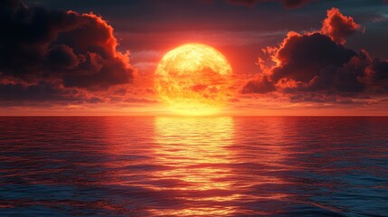 A stunning sunset paints the ocean with vibrant colors, featuring dramatic clouds and a reflective water surface. Captures the beauty and tranquility of a coastal sunset.