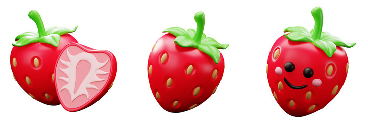 3D Stylized Strawberry with Cute Cartoon Face, Fruits and Nature Healthy Food theme design element