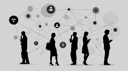Silhouettes of People Engaged in Digital Communication and Networking with Connected Symbols Representing Modern Interaction