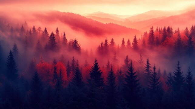 A dense coniferous forest basks in the warm glow of a sunset, featuring vibrant pink and orange hues. The scene evokes tranquility and natural beauty.