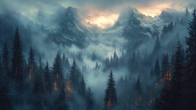 A breathtaking view of a dense forest landscape featuring misty mountains silhouetted against a sky illuminated by warm sunlight, evoking a sense of tranquility and mystery. - Powered by Adobe
