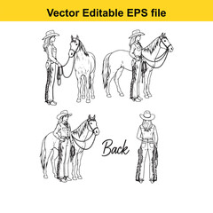 Obraz premium vector editable eps file showing four black and white line art illustrations of cowgirls standing next to their horses from different angles