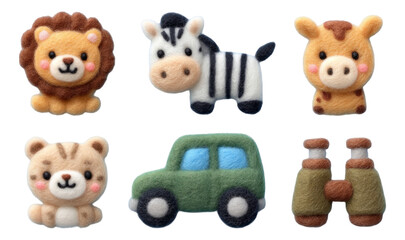 Obraz premium Felted Safari Animals and Vehicle Adventure with Isolated Transparent Background