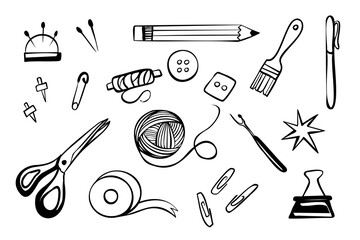 Hand drawn DIY tool set illustration with needles, pencils, brushes, clips, and crafting accessories. Simple black vector sketch. 