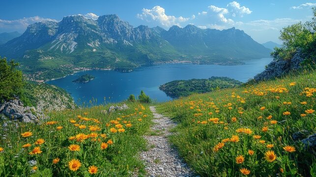 A vibrant landscape featuring a winding path leading to a tranquil lake nestled amongst majestic mountains, all under a brilliant blue sky. Evokes feelings of peace and natural beauty.