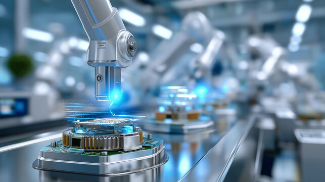 Innovative manufacturing line building circuit boards with robotic arms, SMT reels, AOI stations, cleanroom sheen, automation focus, with copy space