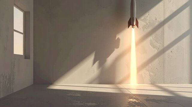 A powerful rocket launching inside a confined concrete room, symbolizing business startup, ambition, and breaking through limitations for success
