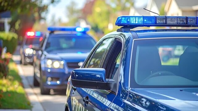 Multiple police units with emergency lights activated at a crime scene in a residential neighborhood