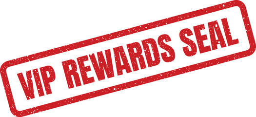 Grunge textured rectangular stamp vector with bold capital letters spelling VIP REWARDS SEAL signifying customer loyalty programs and exclusive membership benefits