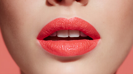 Fototapeta premium Stunning coral lipstick on a woman's sensual lips, a vibrant beauty statement for makeup trends and cosmetic advertising, healthy teeth and a flawless smile