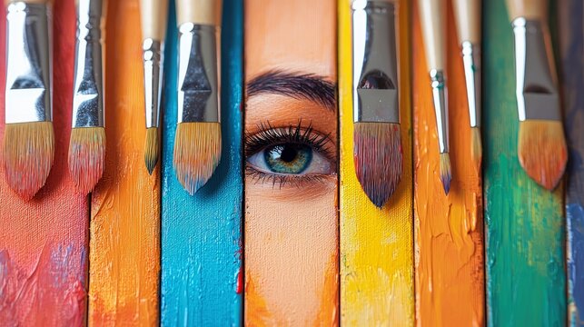 Close-up of a woman's eye with paintbrushes and colorful paint strokes. The image evokes creativity and artistic expression.