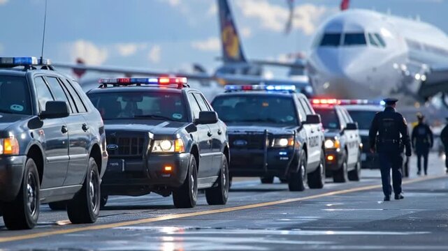 Police escort convoy of vehicles at airport with airplane in background