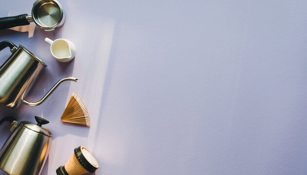 Brewing coffee essentials arranged for a barista's workspace with room for text