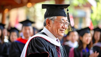 A proud senior graduate beams with joy, celebrating a significant academic milestone in cap and gown amidst the vibrant atmosphere of a university commencement ceremony