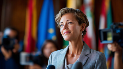 Fototapeta premium Female political representative speaking at press conference, government building interior, flags, podium seals, media cameras, stateswoman tone, with copy space