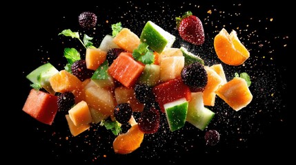 A vibrant and dynamic image featuring a colorful fruit salad with various fruits like watermelon, cantaloupe, cucumber, and blackberries, seemingly exploding ag