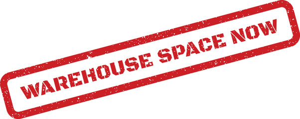 Grungy red rectangular rubber stamp icon with WAREHOUSE SPACE NOW for immediate availability or rental promotion in storage solutions