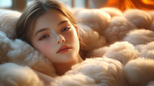 A young woman finds peace as she rests her head on soft, ethereal clouds, representing serenity and calm.