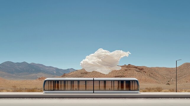 A futuristic transportation pod floats in a desert landscape with an abstract cloud formation against a clear blue sky. The scene is lit by bright sunlight.