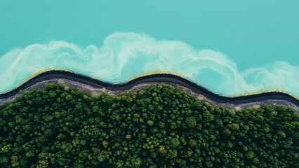 Tropical Crater Lake aerial top down view of turquoise water meeting green rainforest shoreline