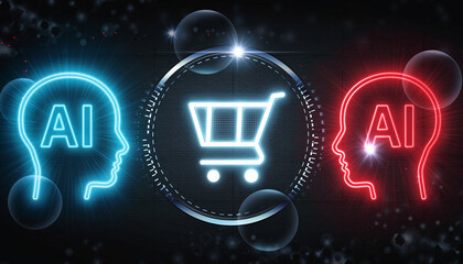 AI Shopping Revolution: Conceptual image highlighting the intersection of Artificial Intelligence and E-commerce. Illustrated with two stylized AI-shaped heads flanking a shopping cart icon.