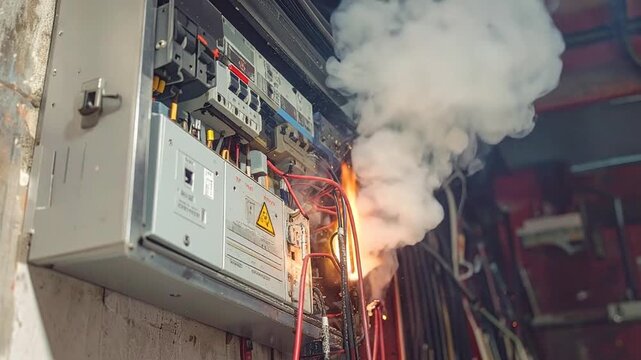 Electrical short circuit causing flames and thick smoke from a damaged fuse box, highlighting the urgent need for safety and repair in a hazardous power distribution system