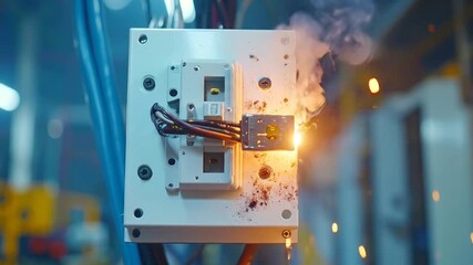 Dramatic close-up of an industrial electronic component malfunctioning, creating a dangerous short circuit with sparks and smoke