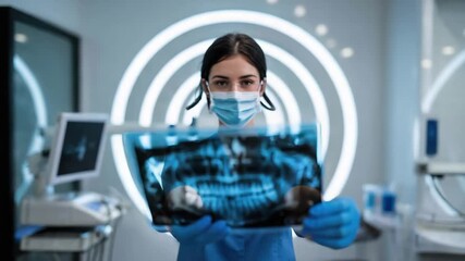 Dedicated dentist analyzing panoramic dental x-ray film with focused expertise in a modern clinic for accurate diagnosis and treatment planning - Powered by Adobe