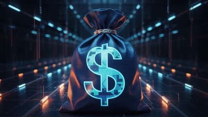 Dynamic money bag animation with glowing dollar sign in futuristic digital space, representing wealth creation and financial technology innovations - Powered by Adobe