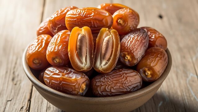 Highly Nutritious Medjool Dates Arranged in a Rustic Wooden Bowl, Close-Up View, Healthy Organic Fruit Snack.