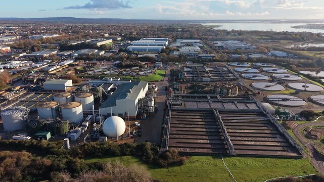 Aerial View of a Large Water Purification facility in the British city of Havant Suburban Landscape