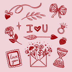 Love vector doodle set for wedding with stamp letter and arrows in sketch style with hand drawn outline. Red on pink builds a romantic look. Good for valentine day design and for cute card background.