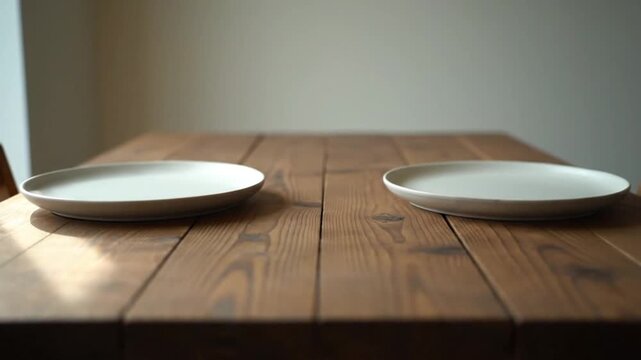 Two empty white ceramic plates ready for dining on a rustic wooden table