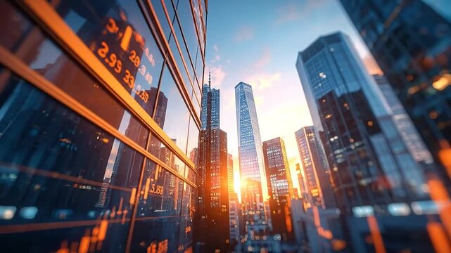 City skyscrapers at sunset with financial market reflections, representing economic growth