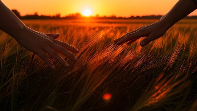 Hands touching tall grass in a field during sunset, warm glowing highlights.