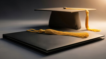 Graduation cap and diploma resting on a book for academic success
