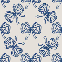 Bow ribbon vector seamless pattern in doodle sketch style with hand drawn line art. Blue on light creates a romantic look. Good for card and holiday background. Perfect for simple fabric print ideas.