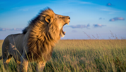 Majestic Lion Roaring Powerfully in Golden Light, Symbolizing Strength and Authority on the African Plains, Perfect for Wildlife and Conservation Projects
