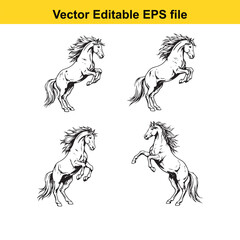  set of four vector illustrations depicting rearing horses in black and white outline style, perfect for equestrian design elements or logos, isolated on white background