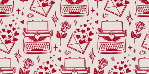 Love letter vector seamless pattern with typewriter and heart in doodle sketch style with hand drawn outline. Red on pink creates romantic look for valentine day design. Nice for cute card background.