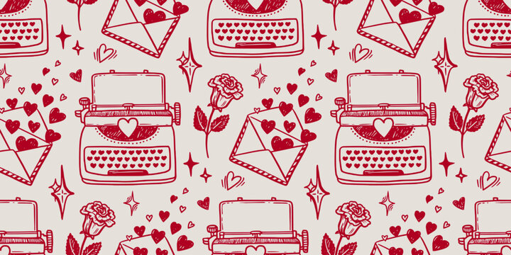 Love letter vector seamless pattern with typewriter and heart in doodle sketch style with hand drawn outline. Red on pink creates romantic look for valentine day design. Nice for cute card background.