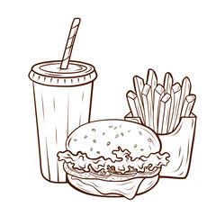 A fast food set featuring a burger, fries, and a drink. Vector illustration, executed in a minimalist outline style with brown lines. This composition of popular dishes is isolated on a white
