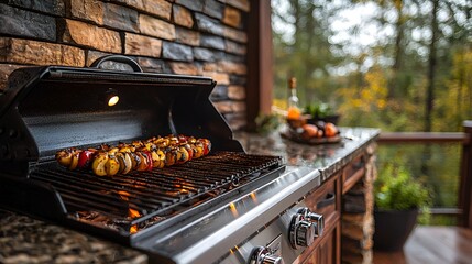 Delicious grilled skewers on outdoor grill with stone backdrop.