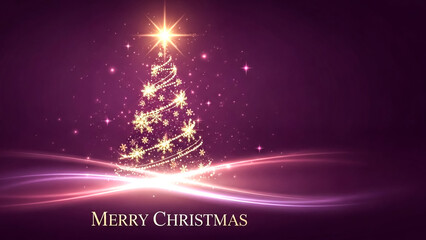 Elegant christmas tree with golden snowflakes and lights on a purple background on transparent background