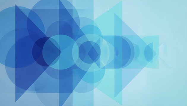 Abstract composition of overlapping blue geometric shapes including circles, squares, and triangles on a light blue background.