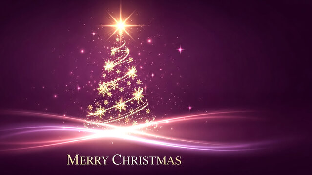 Elegant christmas tree with golden snowflakes and lights on a purple background on transparent background - Powered by Adobe