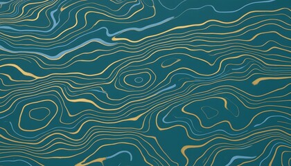 Fototapeta premium Abstract flowing lines in blue and gold on a teal background, resembling a topographic map or fluid patterns.