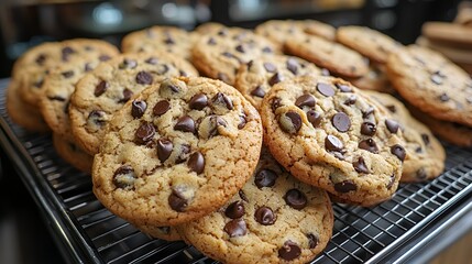 Delicious chocolate chip cookies on a cooling rack.