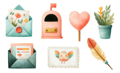 Colorful Set of Watercolor Illustrations Featuring Letters, Mailbox, and Love Symbols